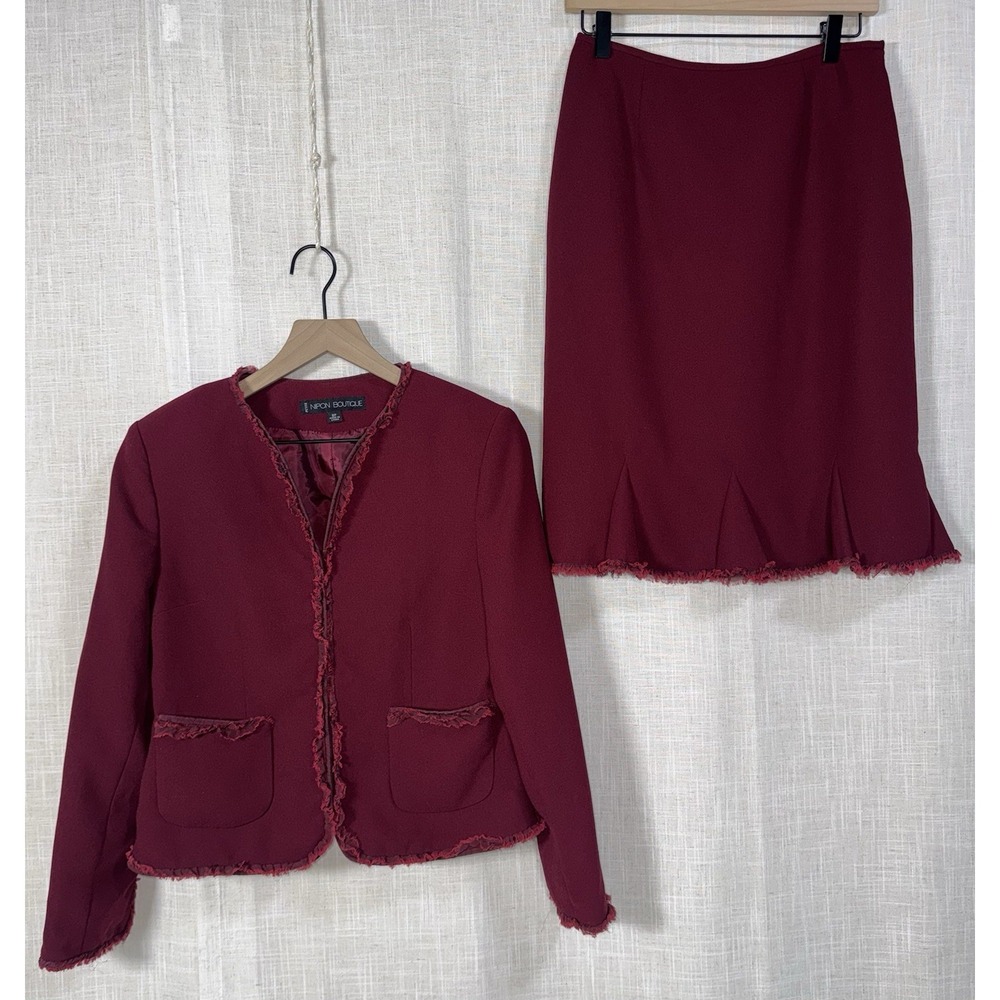 Nipon Boutique Burgundy Women's Sz 8 8P Knit Fringe Blazer Skirt Suit Set Career
